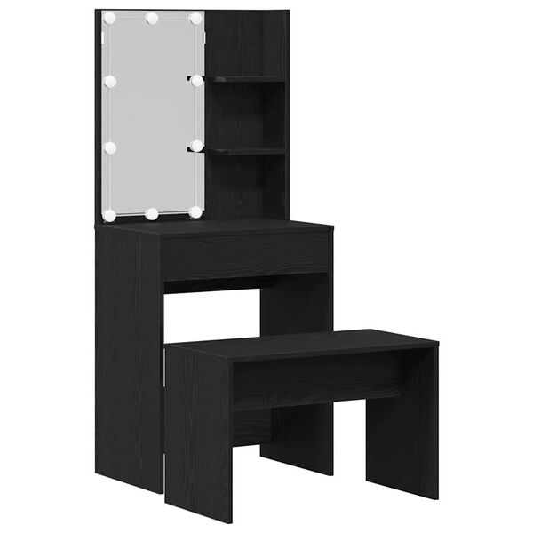 vidaXL LED Sminkbord Set med låda 2 pcs Svart Ek Konstruerat trä