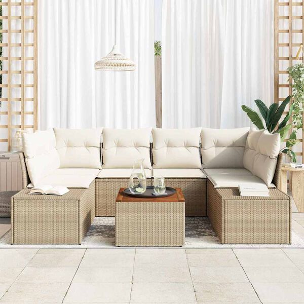 vidaXL Tr&auml;dg&aring;rdsoffset med kudde 7 pcs Beige Poly rattan