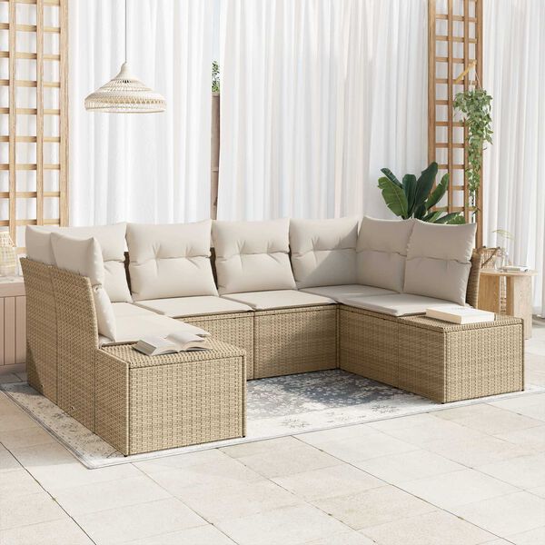 vidaXL Tr&auml;dg&aring;rdsoffset 6 pcs Beige och gr&auml;ddf&auml;rgad Poly rattan