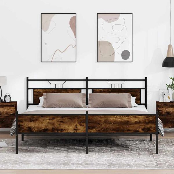 vidaXL Sängram utan madrass metall rökfärgad ek 193x201 cm