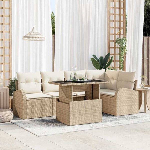 vidaXL Tr&auml;dg&aring;rdsoffset med kudde med lagring 6 pcs Beige Poly rattan