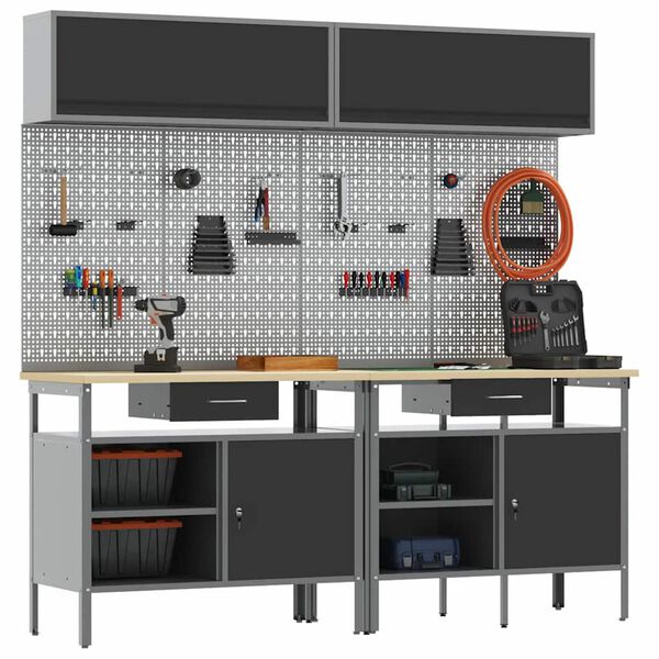 vidaXL Arbetsbänkset med låda med hylla med lagring med lås Svart Stål