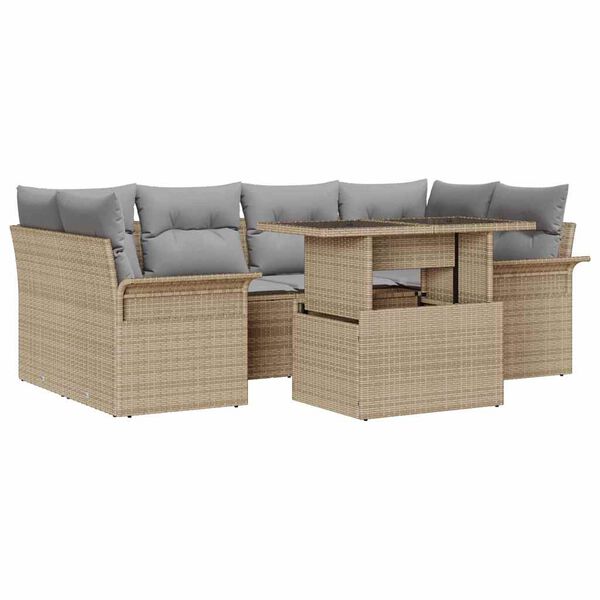 vidaXL Tr&auml;dg&aring;rdsoffset med kudde med lagring 7 pcs Beige Poly rattan