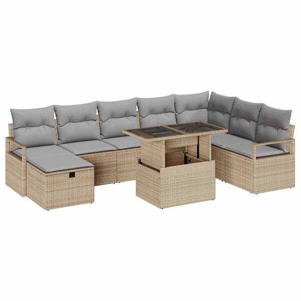 vidaXL Tr&auml;dg&aring;rdsoffset med kudde med lagring 9 pcs Beige Poly rattan