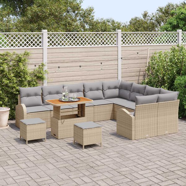 vidaXL Tr&auml;dg&aring;rdsoffset med kudde 12 pcs Beige Poly rattan