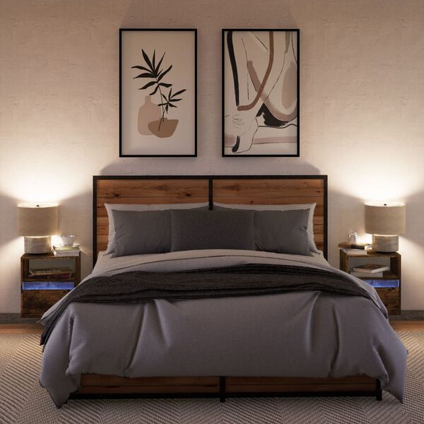 vidaXL V&auml;ggmonterade s&auml;ngbord med LED-lampor 2 st r&ouml;kf&auml;rgad ek