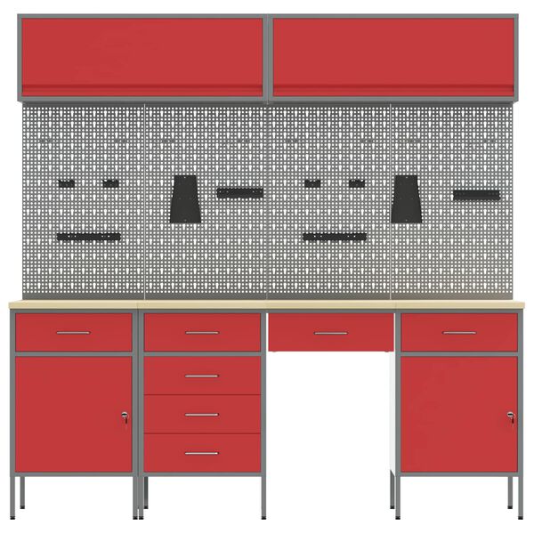 vidaXL Arbetskabinett med l&aring;da 10 pcs R&ouml;d Konstruerat tr&auml; och st&aring;l