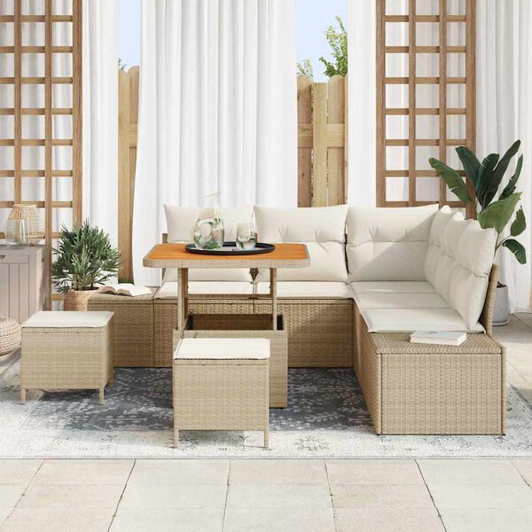 vidaXL Tr&auml;dg&aring;rdsoffset med kudde 8 pcs Beige Poly rattan