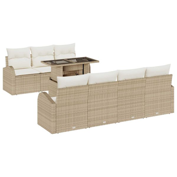 vidaXL Tr&auml;dg&aring;rdsoffset med kudde med lagring 8 pcs Beige Poly Rattan