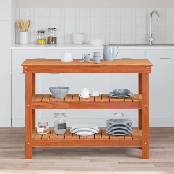 vidaXL Arbetsb&auml;nk med hylla Vaxbrun 110,5 x 50 x 80 cm Massiv furu