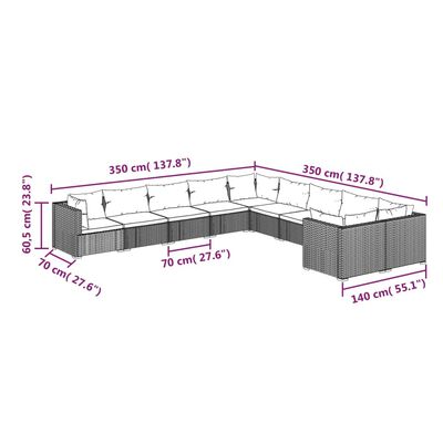 vidaXL Loungegrupp för trädgården m. dynor 10 delar konstrotting grå