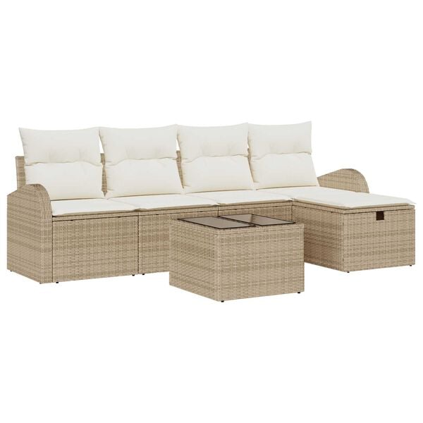 vidaXL Trädgårdsoffset med kudde med lagring 6 pcs Beige Poly rattan