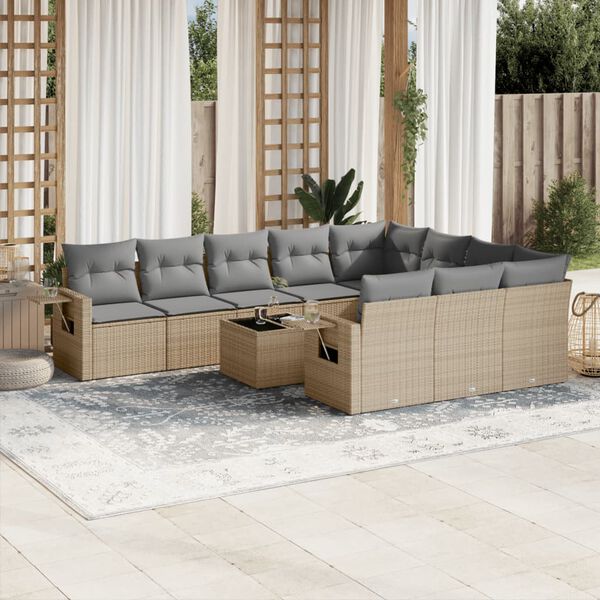 vidaXL Loungegrupp f&ouml;r tr&auml;dg&aring;rden m. dynor 11 delar beige konstrotting