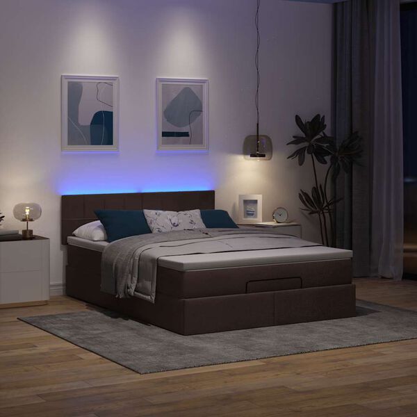 vidaXL Ottoman säng med madrass och LED-lampor mörkbrun 140x190 cm tyg