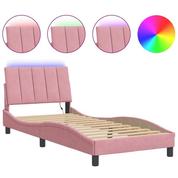 vidaXL Bed Frame with LED without Mattress "Hanko" Pink 90x200 cm Velvet