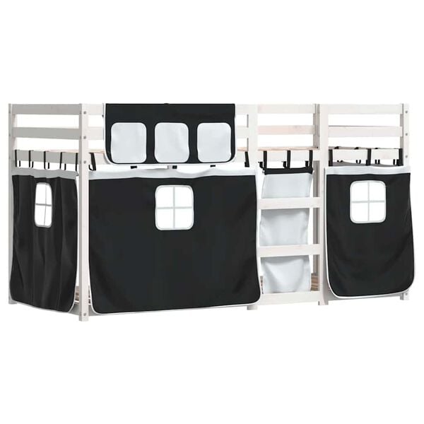 vidaXL Loftsäng med gardiner vit&svart 90x190 cm massiv furu