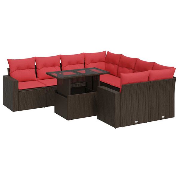 vidaXL Trädgårdssoffset med dynor 9 delar brun konstrotting akaciaträ