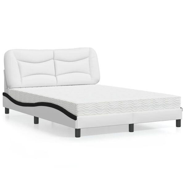 vidaXL Bed with Mattress "Hvar" White and Black 140x200 cm Faux Leather
