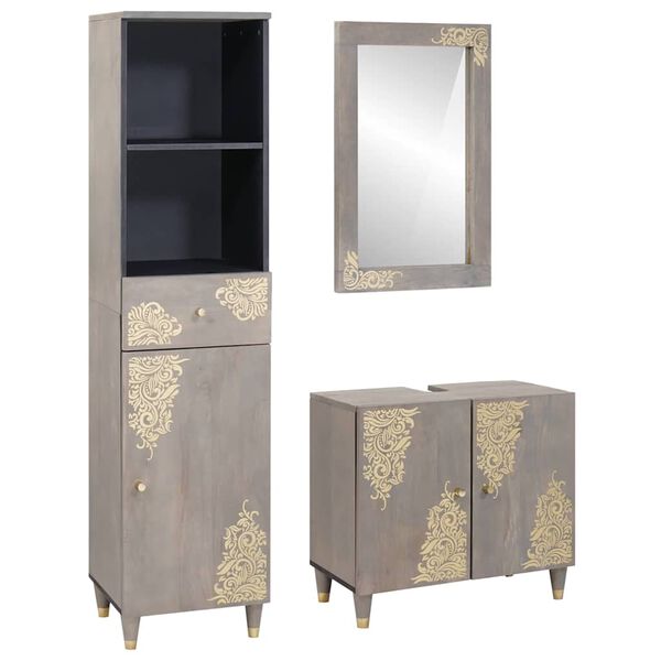 vidaXL Badrumsskåpsset med låda med lagring 3 pcs Grå Massivt mangoträ