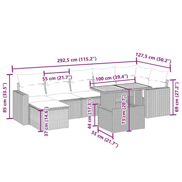 vidaXL Matgrupp för trädgården med dynor 8 delar beige konstrotting