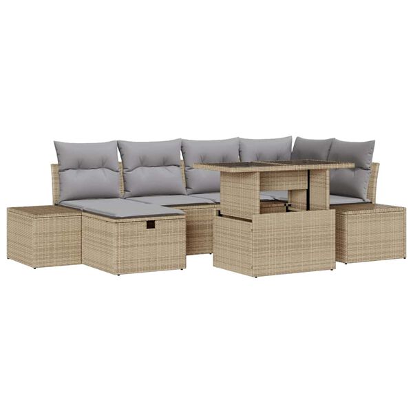 vidaXL Tr&auml;dg&aring;rdsoffset med kudde med lagring 7 pcs Beige Poly rattan