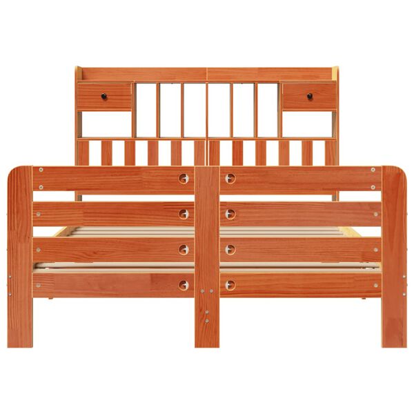 vidaXL S&auml;ng med bokhylla utan madrass vaxbrun 140x190cm massiv furu