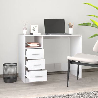 vidaXL Skrivbord med lådor vit högglans 102x50x76 cm konstruerat trä