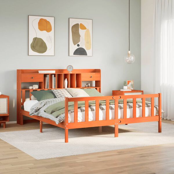 vidaXL Säng med bokhylla utan madrass vaxbrun 200x200cm massiv furu