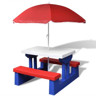 vidaXL Picknickbord med bänkar och parasoll för barn flerfärgad