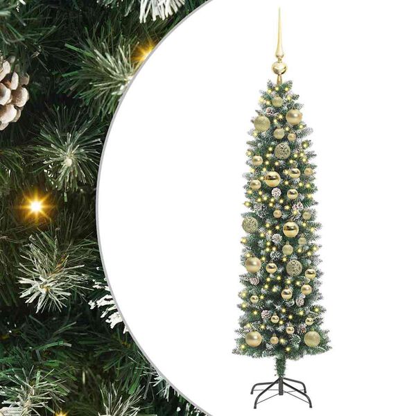 vidaXL Konstgjort smalt julträd med 150 LED-lampor Grön och vit 120 cm