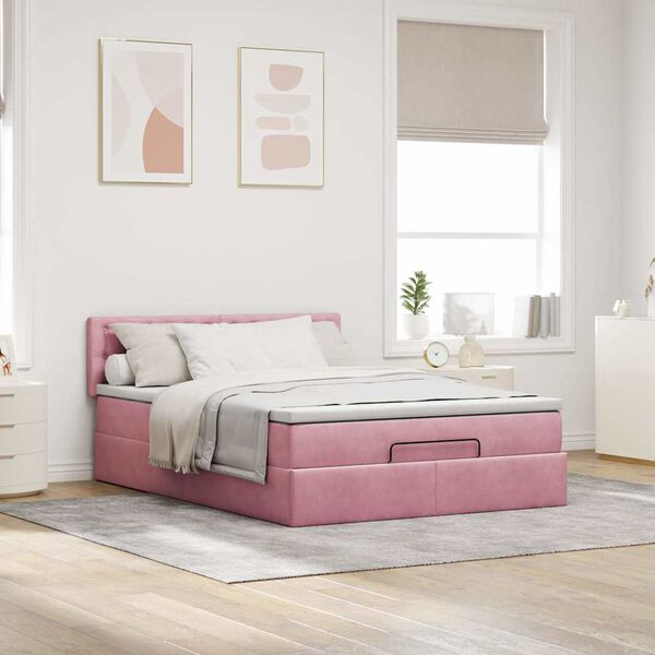 vidaXL Ottoman sängram med madrass rosa 140x190 cm sammet