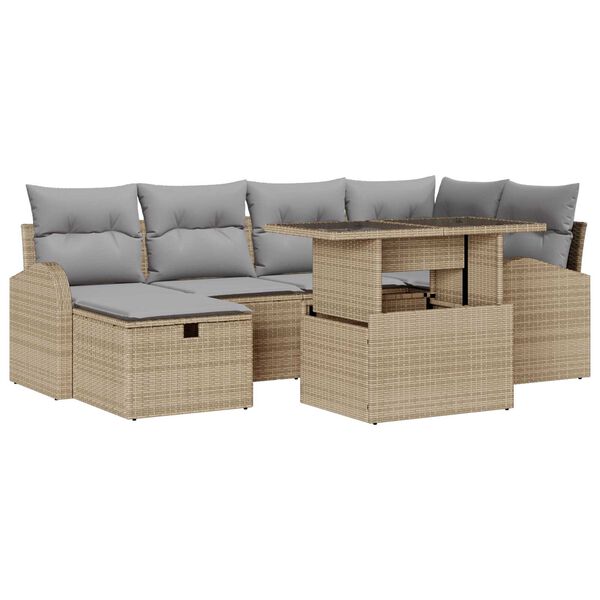 vidaXL Tr&auml;dg&aring;rdsoffset med kudde med lagring 7 pcs Beige Poly rattan