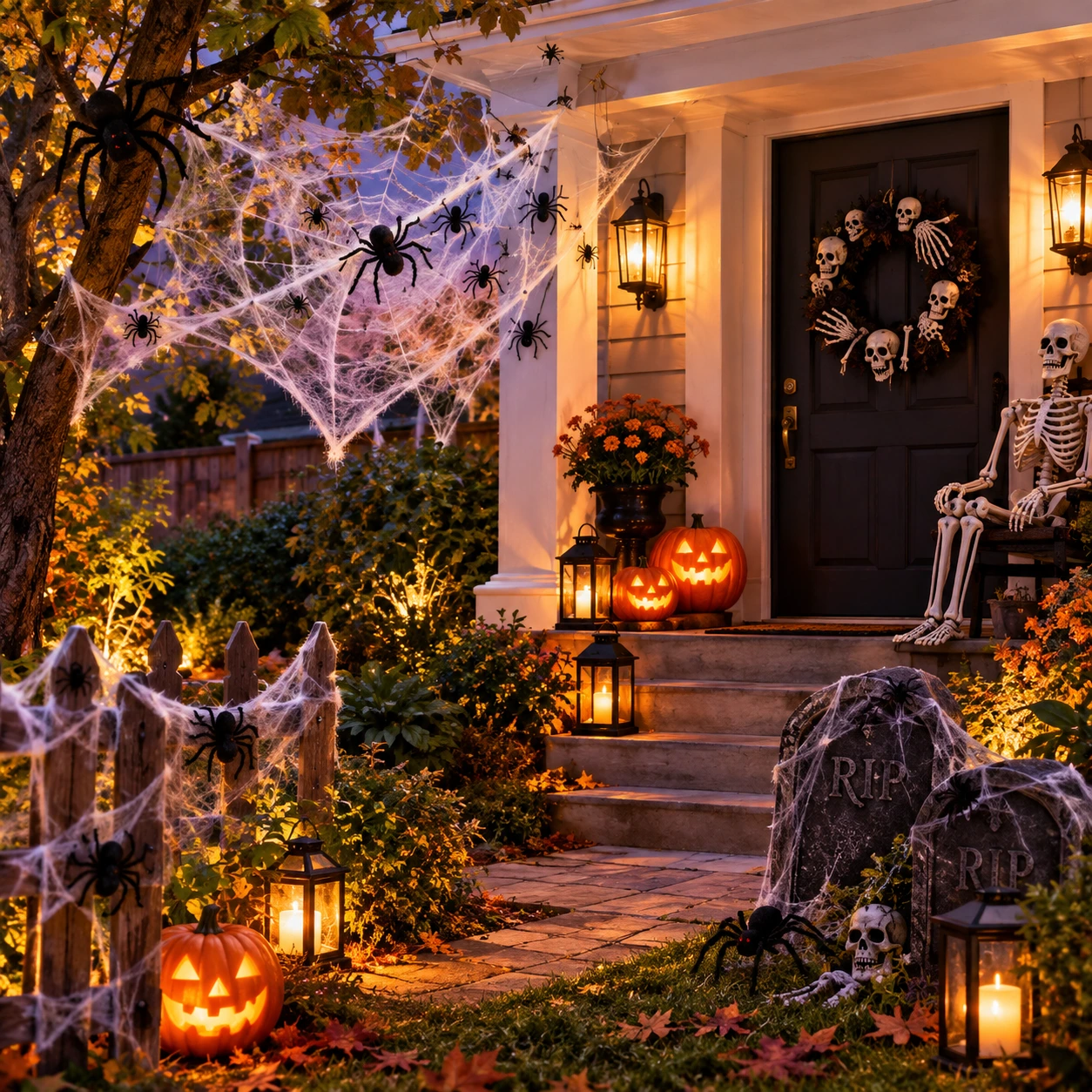 Halloweenveranda och trädgård med spindelnät, spindlar och ett skelett