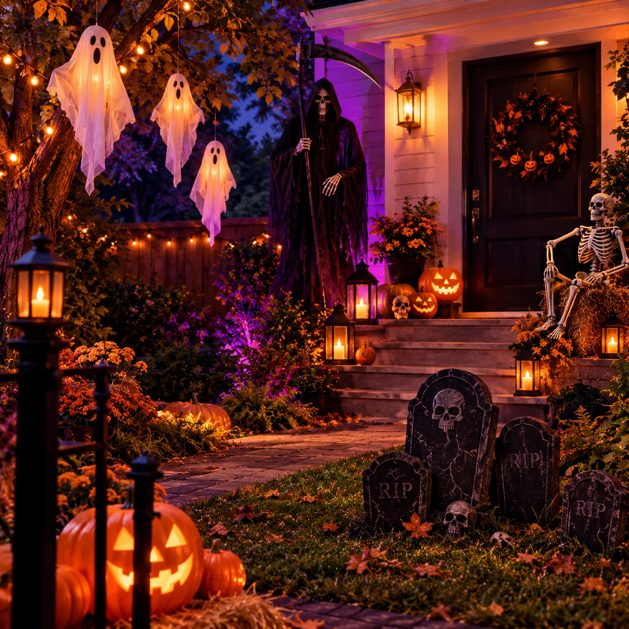 Halloweenträdgård med hängande spöken och liemannen