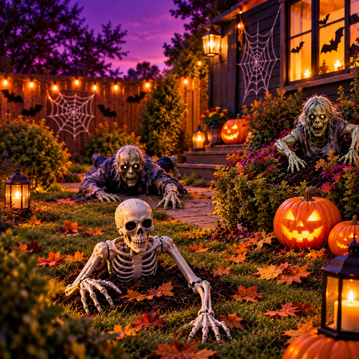 Halloweenträdgård med ett skelett, zombier och lysande pumpor