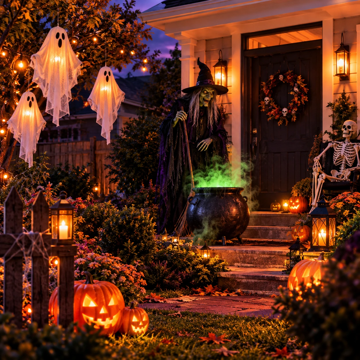 Halloweenveranda med en häxa, spöken och lysande pumpor