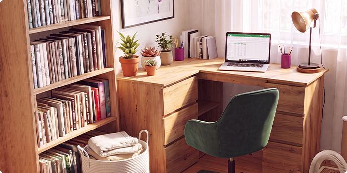Hemmakontor med hörnskrivbord i trä, ergonomisk grön kontorsstol, laptop, bokhylla, skrivbordslampa och inomhusväxter. Skapar en bekväm och produktiv arbetsplats för att jobba hemifrån.
