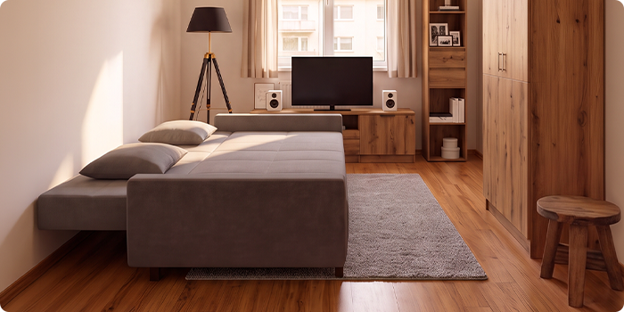 Grå bäddsoffa visad både som soffa och som helt utfälld säng i en modern lägenhetsmiljö.