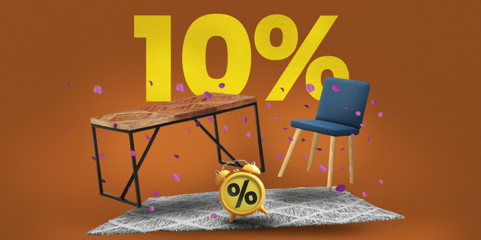 Banner med ett bord, en stol, matta och väckarklocka med stor gul text ”10%”