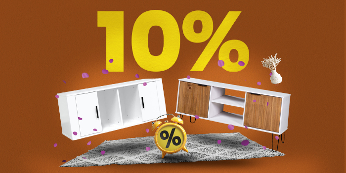 Banner med två TV-möbler, matta och väckarklocka med stor gul text ”10%”.