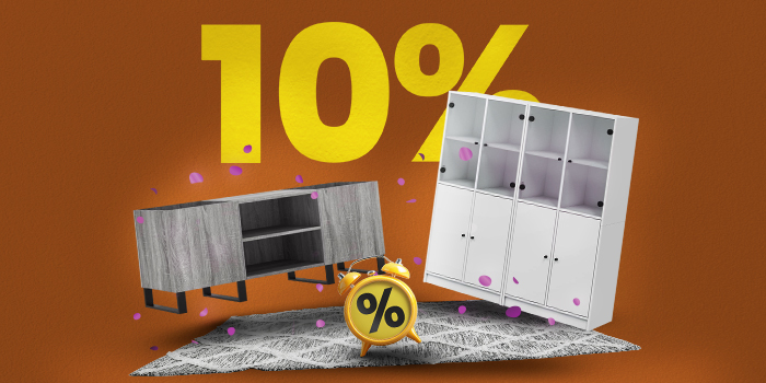 Banner med två förvaringsskåp, matta och väckarklocka med stor gul text ”10%”.