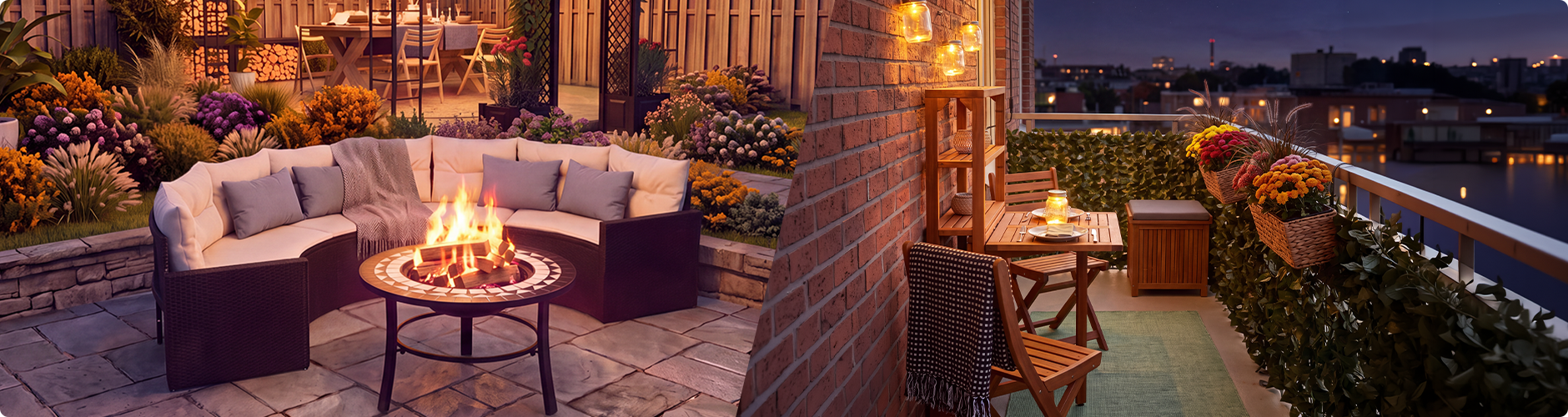 Mysiga uteplatser i skymningen, med en loungegrupp för trädgården med eldstad och en blomfylld paviljong på ena sidan, samt en inredd balkong med trämöbler, lyktor och krukblommor med utsikt över en stadssilhuett på andra sidan.