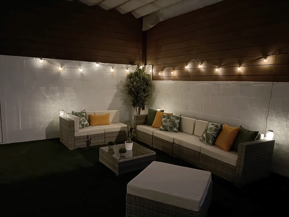 Outdoor seating with string lights for ambience