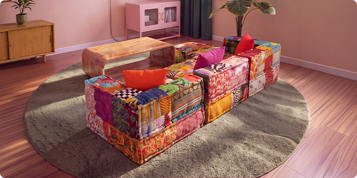 Färgglad modulsoffa i patchwork placerad runt ett soffbord i trä på en rund matta i ett modernt vardagsrum.