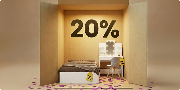 Moderna sovrumsmöbler med vit säng och beige sminkbord i boxliknande presentation, med 20 % rabatt på sovrummets basprodukter.