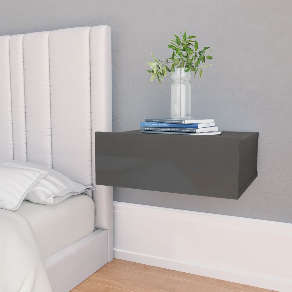 vidaXL Svävande sängbord 2 st grå högglans 40x30x15 cm konstruerat trä