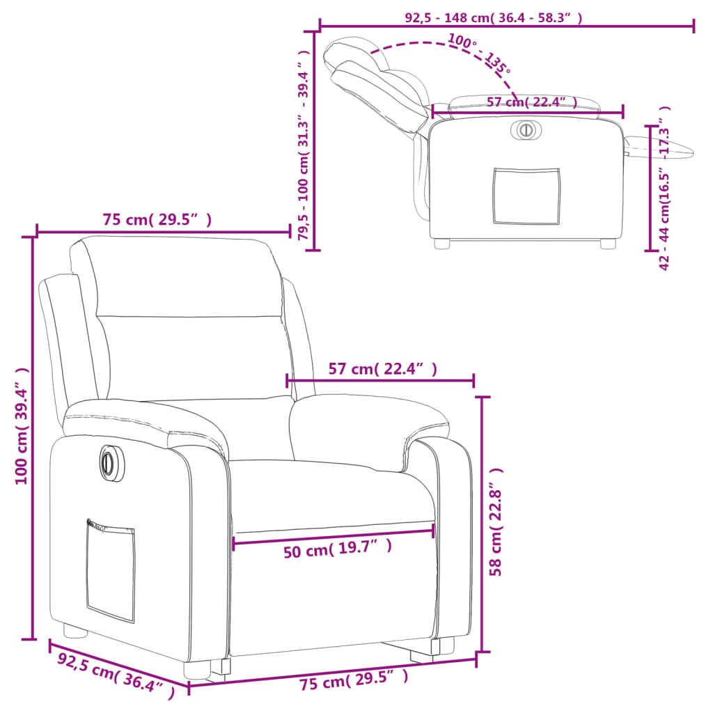 vidaXL Elektrisk reclinerfåtölj med uppresningshjälp mörkgrå sammet