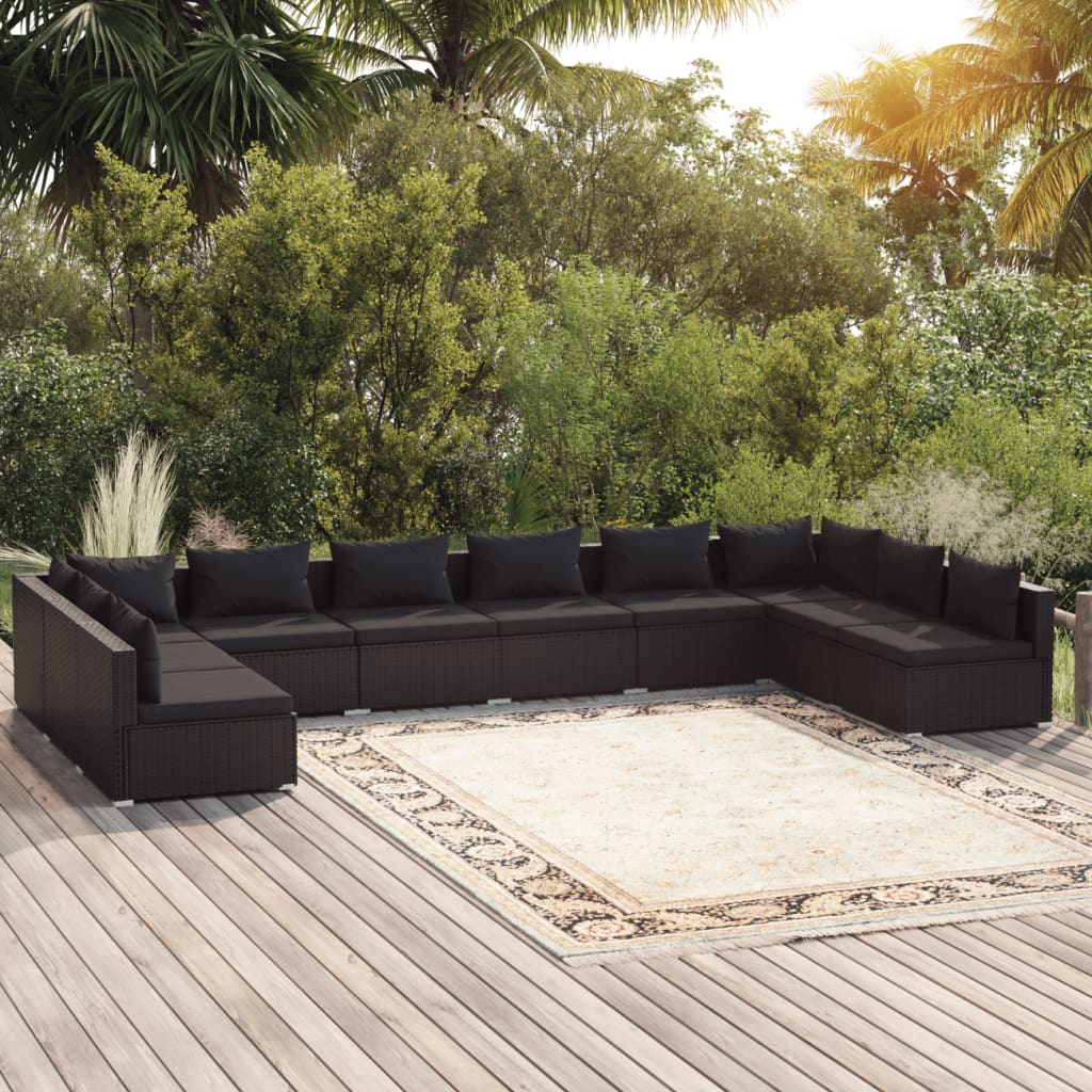 vidaXL Loungegrupp för trädgården m. dynor 10 delar konstrotting svart