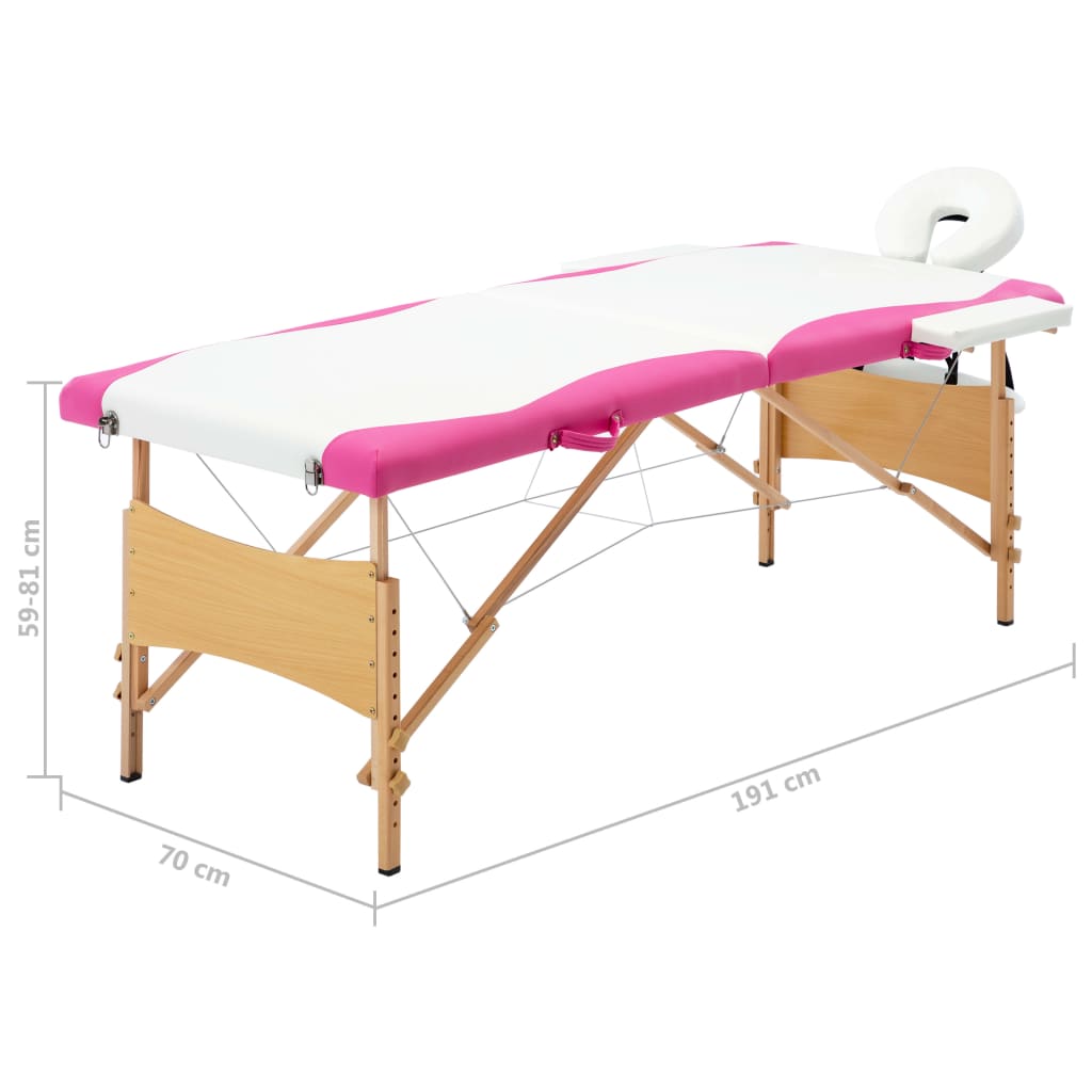 vidaXL Hopfällbar massagebänk 2 sektioner trä vit och rosa