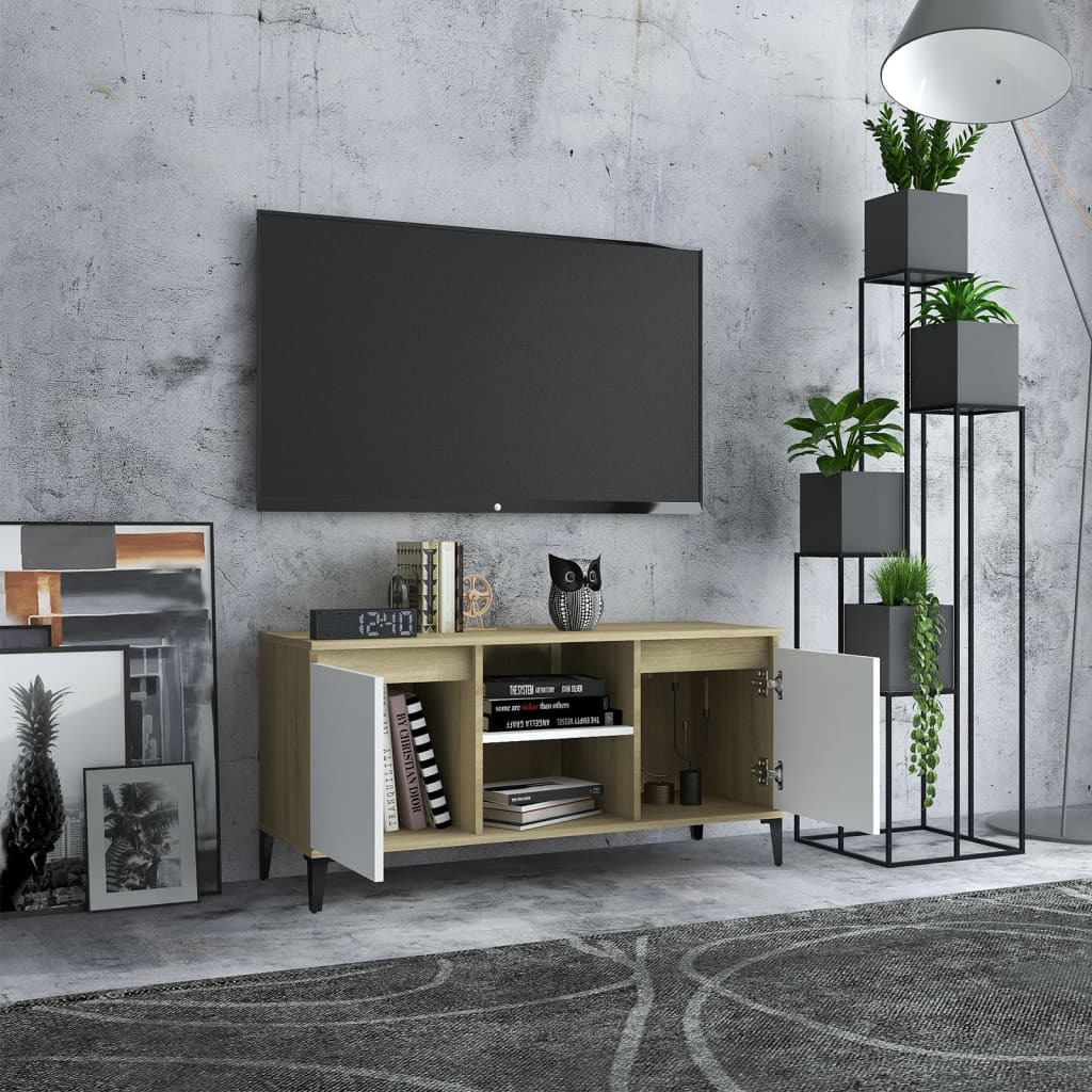 vidaXL TV-bänk med metallben vit och sonoma-ek 103,5x35x50 cm